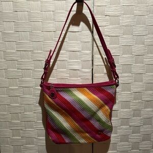 SAK small handbag, colorful knitted material on exterior with silver hardware